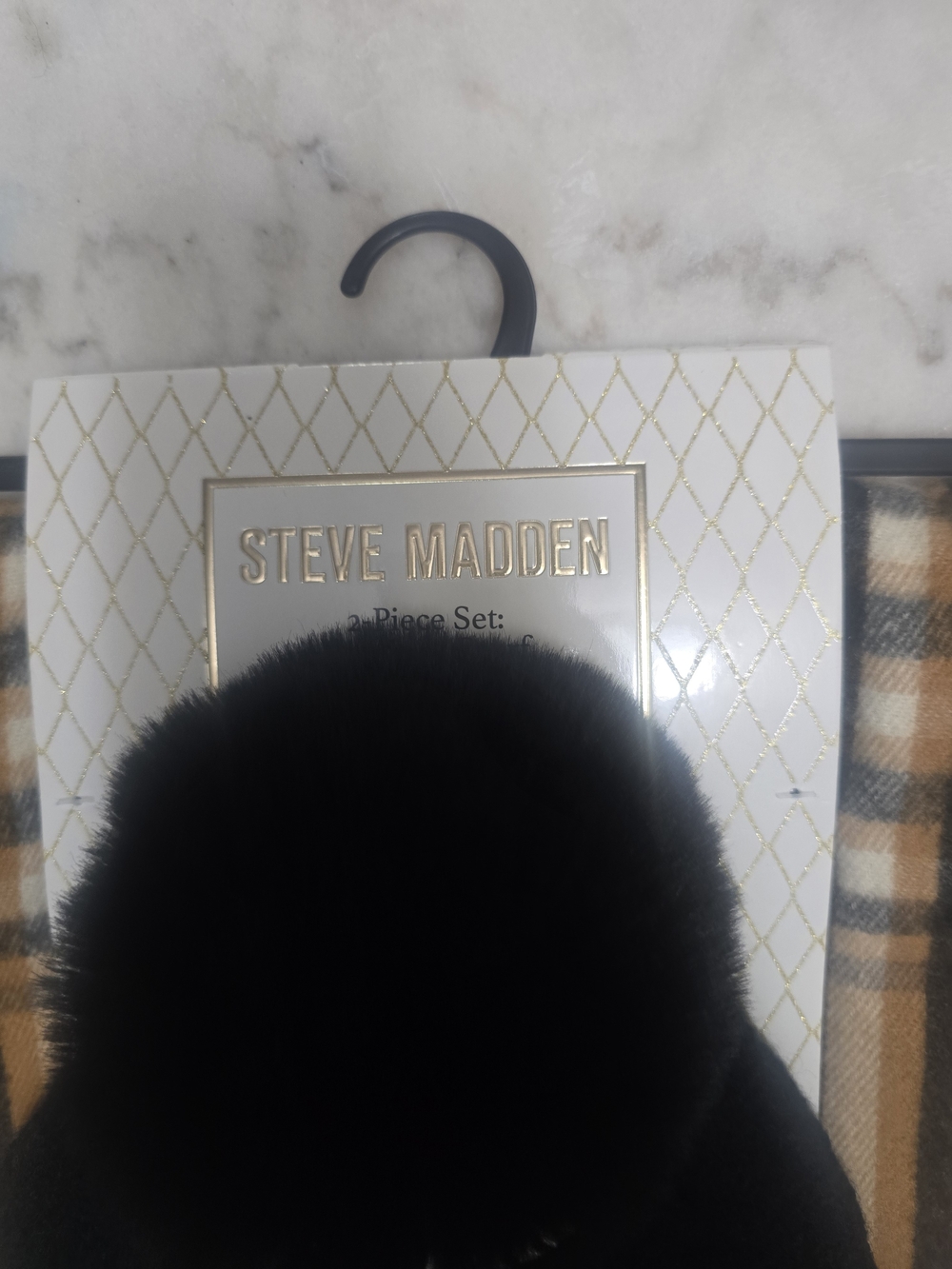 Steve Madden Black Pom Pom Beanie with Plaid Scarf - Picture 4 of 5